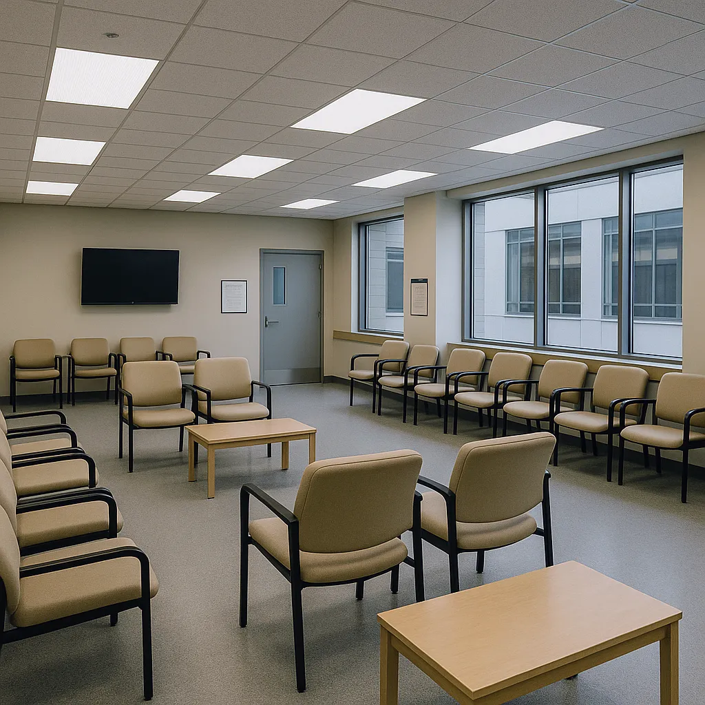 Salle d’attente d’hôpital moderne avec rangées de fauteuils beiges, tables basses et un eclairage LED froid.