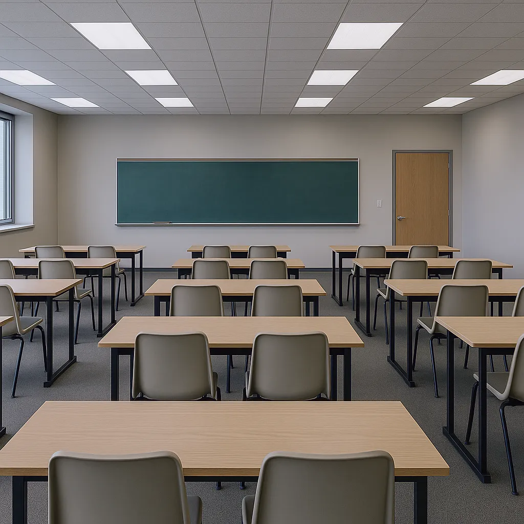 Salle de classe moderne et vide avec rangées de tables en bois clair, chaises grises et grand tableau vert.