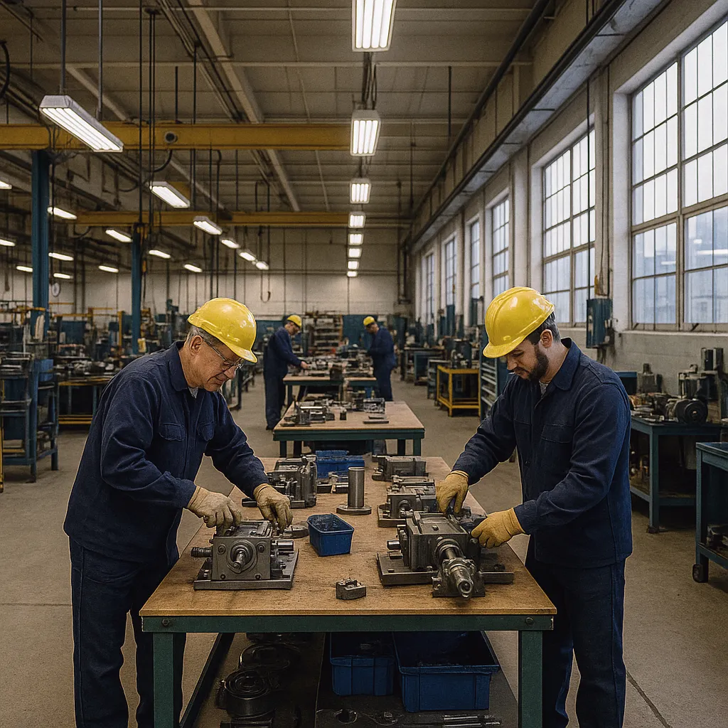 Atelier industriel avec ouvriers assemblant des pièces mécaniques sur des établis en bois.